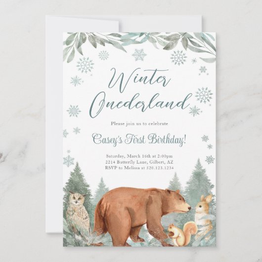 Winter Onederland Woodland Animal Party Einladung (Vorderseite)