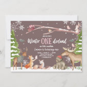 Winter ONEderland Woodland Pink Geburtstag Einladung (Vorderseite)