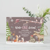 Winter ONEderland Woodland Pink Geburtstag Einladung (Stehend Vorderseite)