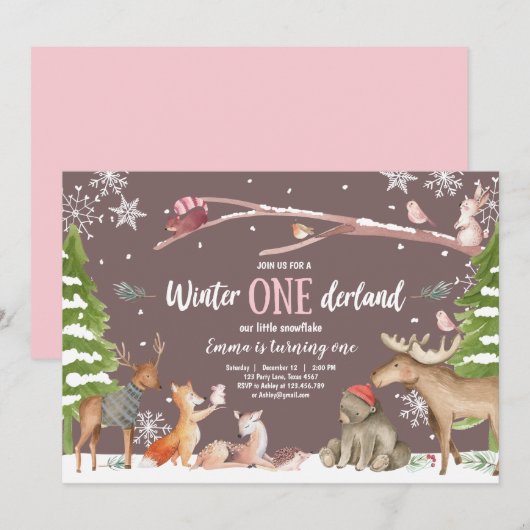 Winter ONEderland Woodland Pink Geburtstag Einladung (Vorne/Hinten)