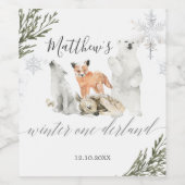 Winter Onederland Woodland Tier 1. Geburtstag Weinetikett (Einzelnes Label)