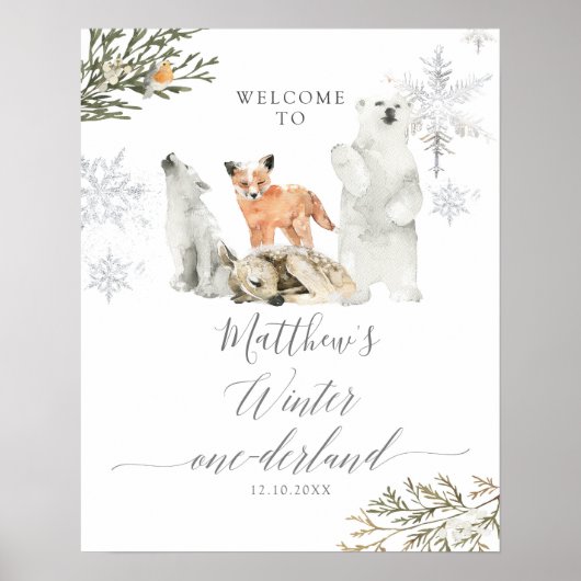 Winter Onederland Woodland Tier Geburtstag Willkom Poster (Vorne)