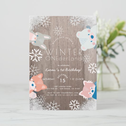 Winter Onederland Woodland Tiere Blue Birthday Einladung (Stehend Vorderseite)