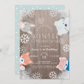Winter Onederland Woodland Tiere Blue Birthday Einladung (Vorne/Hinten)