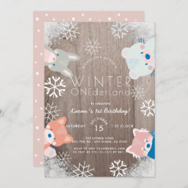 Winter Onederland Woodland Tiere Rosa Geburtstag Einladung