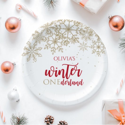 Winter ONEdernald Red and Gold Snowflake Geburtsta Pappteller