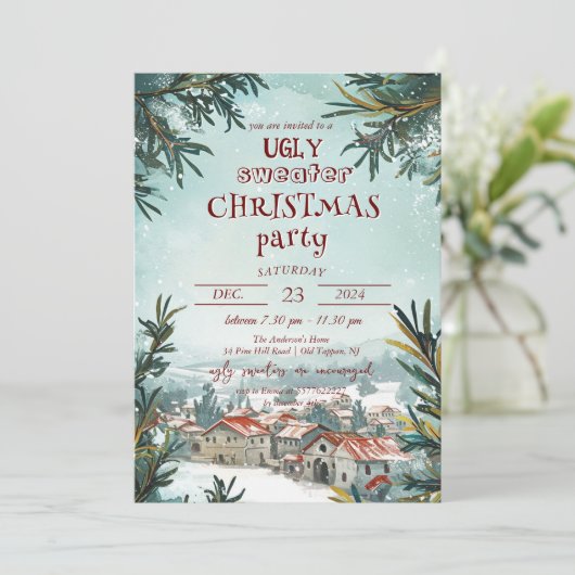 Winter Outdoor Szene Ugly Sweater Weihnachtsfest P Einladung (Stehend Vorderseite)