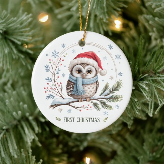 Winter Owl First Christmas Keepsake Photo Keramik Ornament (Baum)