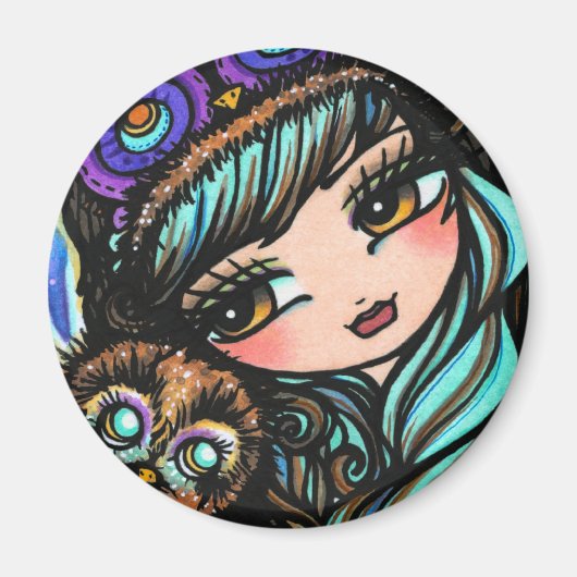 Winter Owl Snow Forest Hat Girl Fantasie Art Magnet (Vorne)