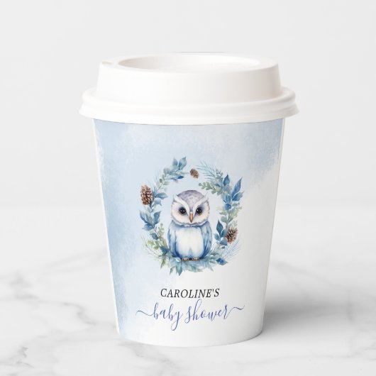 Winter Owl Watercolor Kinderdusche Pappbecher (Rückseite)