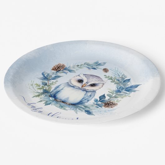 Winter Owl Watercolor Kinderdusche Pappteller (Schrägansicht)