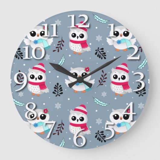 Winter Owls Große Wanduhr (Vorderseite)