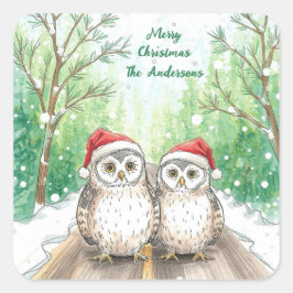 Winter Owls on Snowy Sticker- Christmas  Quadratischer Aufkleber