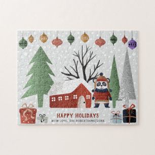 Winter-Panda und Bäume Frohe Feiertage Weihnachten Puzzle