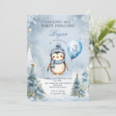 Winter Party Pinguin Blauer Weihnachtsfest 3. Gebu Einladung (Stehend Vorderseite)