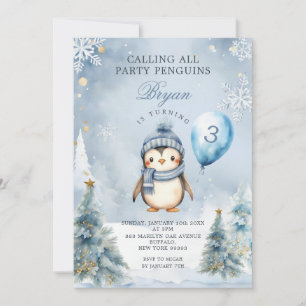 Winter Party Pinguin Blauer Weihnachtsfest 3. Gebu Einladung