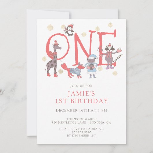 Winter Party Tiere 1. Geburtstag Einladung (Vorderseite)