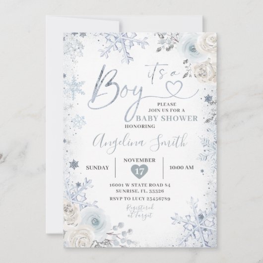 Winter Pastel Blue Snowflake Blumenspülung im Somm Einladung (Vorderseite)