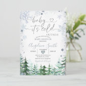 Winter Pastel Blue Snowflake Forest Baby Dusche Einladung (Stehend Vorderseite)