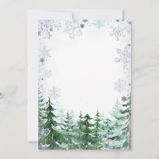 Winter Pastel Blue Snowflake Forest Baby Dusche Einladung (Rückseite)