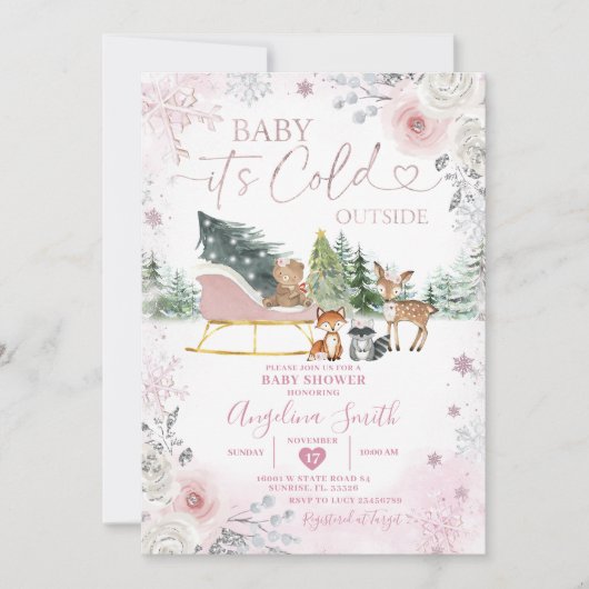 Winter Pastel Pink Snowflake Sleigh Baby Dusche Einladung (Vorderseite)