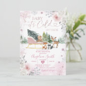 Winter Pastel Pink Snowflake Sleigh Baby Dusche Einladung (Stehend Vorderseite)