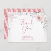 Winter Pastel Pink Snowflake Sleigh Baby Shower Dankeskarte (Vorne/Hinten)