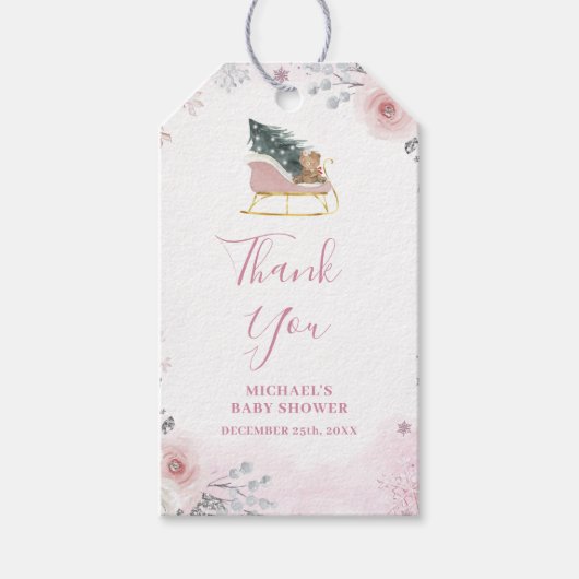 Winter Pastel Pink Snowflake Sleigh Baby Shower Geschenkanhänger (Vorderseite)