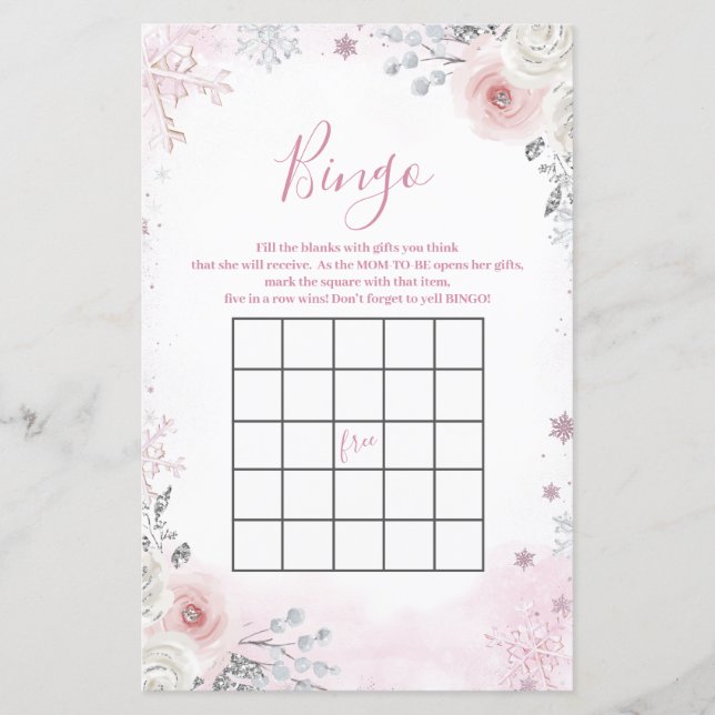 Winter Pastel Pink Snowflake Sleigh Bingo Game (Vorderseite)