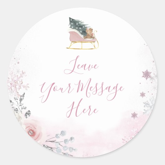 Winter Pastel Pink Snowflake Sleigh Your Message Runder Aufkleber (Vorderseite)