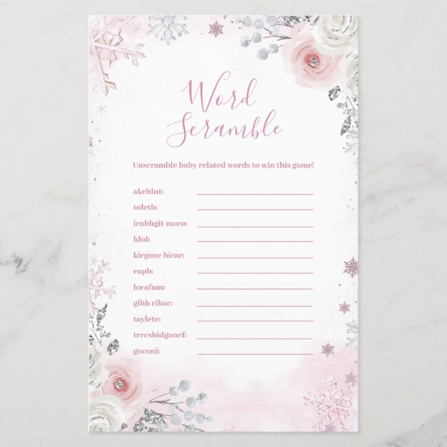 Winter Pastel Pink Snowflake Word Scramble Game (Vorderseite)