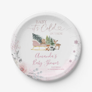 Winter-Pastell-Rosa-Schneeflocken-Schlitten-Baby-P Pappteller