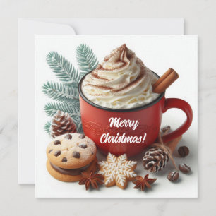 Winter peitschte heißer Kaffee in einer roten Tass Feiertagskarte