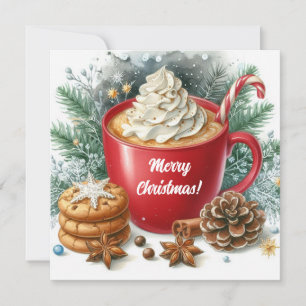 Winter peitschte heißer Kaffee in einer roten Tass Feiertagskarte