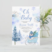 Winter Penguin Arctic Animal Mountain Baby Dusche Einladung (Stehend Vorderseite)