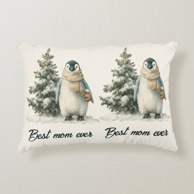 Winter Penguin “Best Mom Ever” Design Dekokissen (Vorderseite)