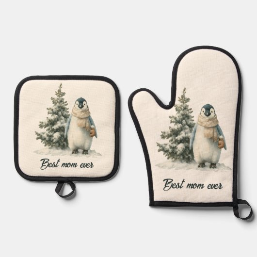 Winter Penguin “Best Mom Ever” Design Ofenhandschuh & Topflappen-Set (Vorderseite)