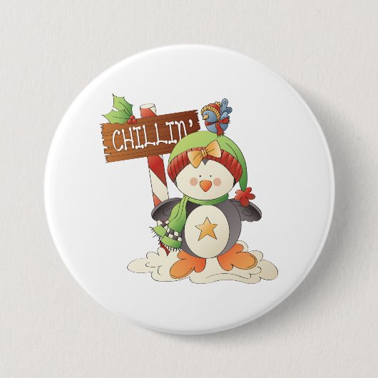 Winter Penguin & Bird Chillin Weihnachtsfeiertag Button (Vorderseite)