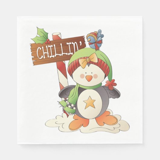 Winter Penguin & Bird Chillin Weihnachtsfeiertag Serviette (Vorderseite)