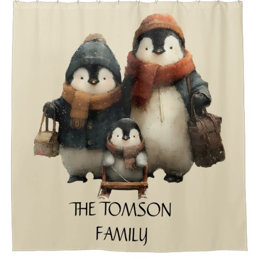 Winter Penguin Family Personalized Design Duschvorhang (Vorderseite)