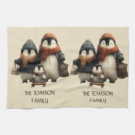 Winter Penguin Family Personalized Design Geschirrtuch (Horizontal)
