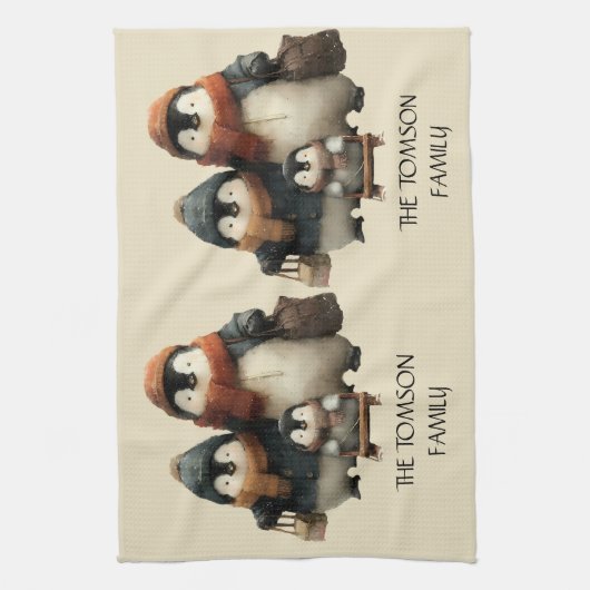 Winter Penguin Family Personalized Design Geschirrtuch (Vertikal)