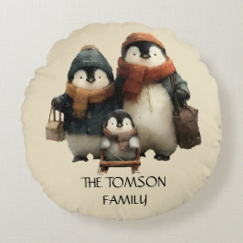 Winter Penguin Family Personalized Design Rundes Kissen