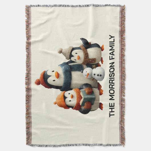 Winter Penguin Family with Snowman Decke (Vorderseite Vertikal)