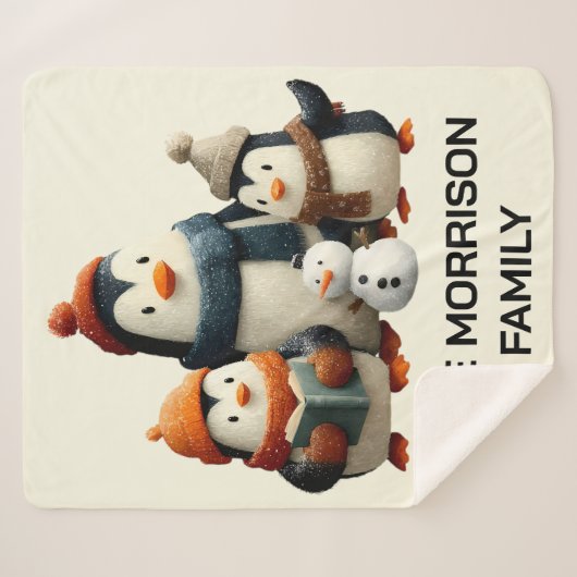 Winter Penguin Family with Snowman Sherpadecke (Vorderseite (Horizontal))