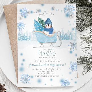 Winter Penguin Onederland 1. Geburtstag Schneefloc Einladung