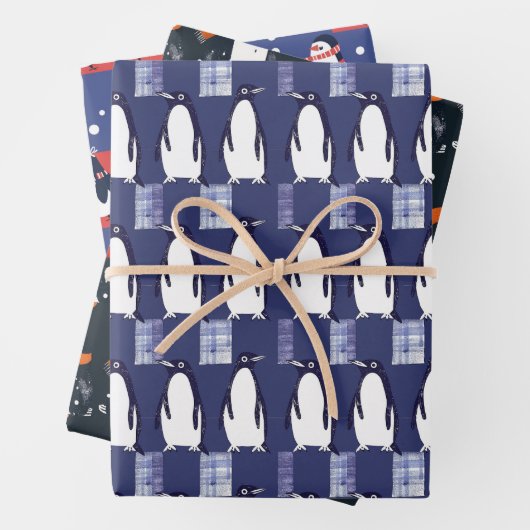 Winter Penguin Pattern Blue Wrapping Paper Geschenkpapier Set (Beispiel)