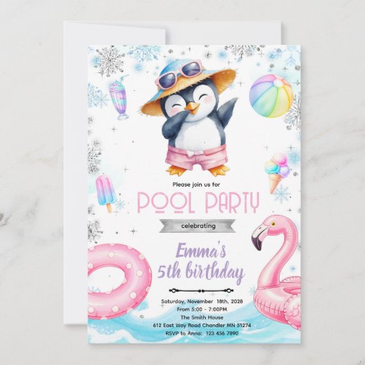 Winter penguin pool theme invitation einladung (Vorderseite)