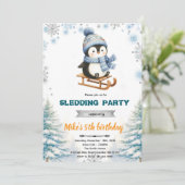 Winter penguin sledding invitation einladung (Stehend Vorderseite)