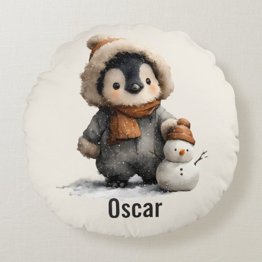 Winter Penguin with Snowman Design Rundes Kissen (Vorderseite)